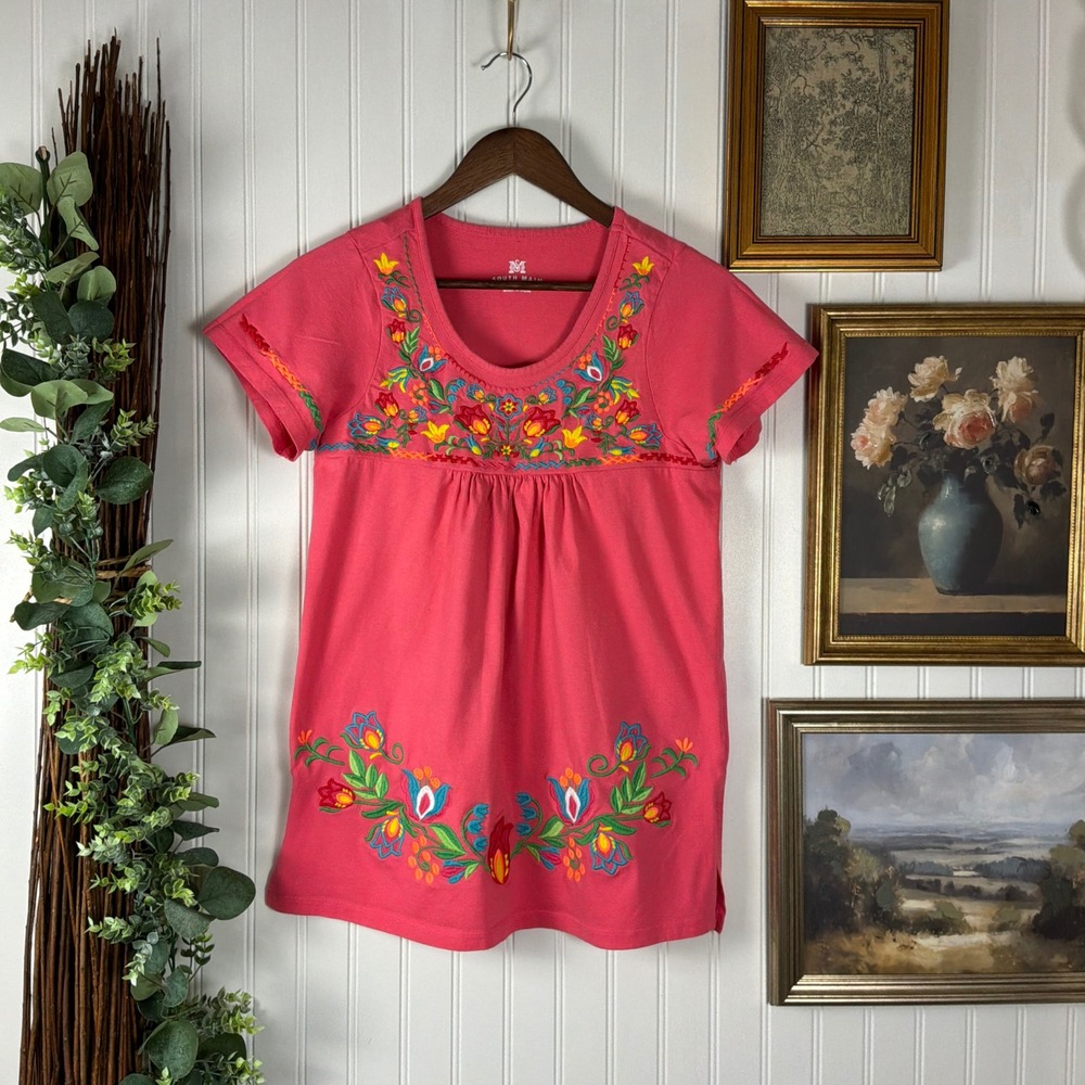South Main Embroidered Floral Peasant Top Women Size S Pink Excellent Boho